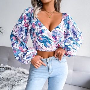 Botanical Balloon Sleeve Cropped Top